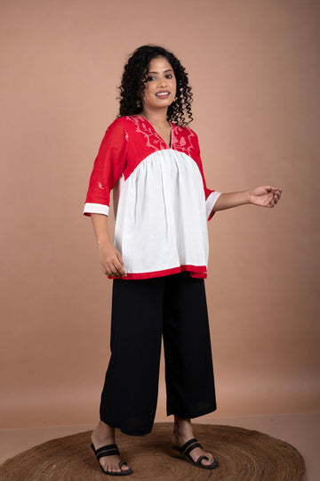 Off-White Handloom Cotton Top with Vibrant Red Jamdani Yoke